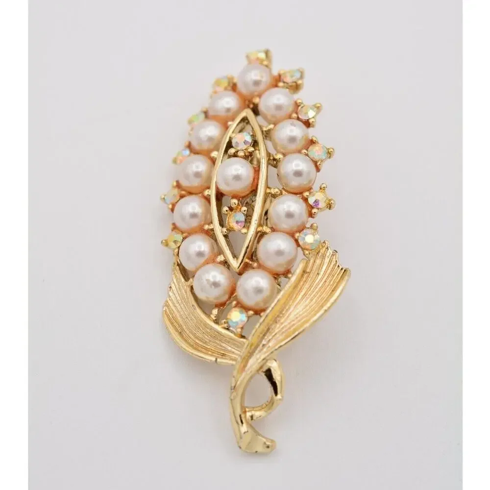 Vintage Flower Pin Brooch Corn Gold Aurora Borealis Rhinestone Crystal 60s BinAT